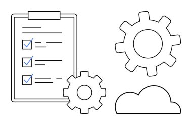 İşaretli görevleri, büyük ve küçük vitesleri ve bulutu olan kontrol listesi panosu. Üretkenlik, otomasyon, takım çalışması, proje yönetimi, organizasyon planlama iş akışı için idealdir. Basit düz metafor