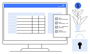 Bilgisayarda hesap tablosu, işaretli kontrol listesi, saksı fabrikası, dolar işareti ve kilit. Veri organizasyonu, mali izleme, ofis görevleri, verimlilik bütçesi siber güvenlik için ideal
