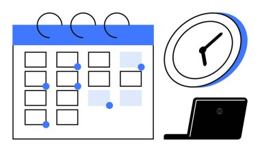 İşaretli olaylarla dolu bir takvim, bir analog saat ve zaman yönetimini, son teslim tarihini ve verimliliği vurgulayan bir dizüstü bilgisayar. Planlama, organizasyon, iş akışı ve uzak çalışma ekibi çalışması için ideal