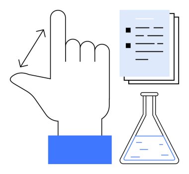 El ölçüm jesti, sıvı dolu deney şişesi ve kontrol listesi bilim, ölçüm, analiz, değerlendirme, eğitim, laboratuvar uygulamaları ve yenilikçi problem çözmeyi öneriyor. Basit düz metafor
