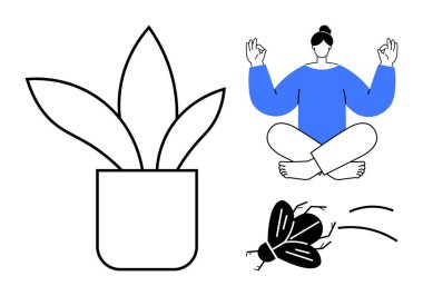 Çamurlu ellerle meditasyon yapan bir kadın, büyük saksı bitkisi, vızıldayan arı. Sağlık, farkındalık, rahatlama, doğa ve sadelik dengesi için idealdir. Minimalist düz metafor