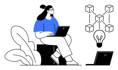 Oturan, dizüstü bilgisayara bağlı kutular, ampul ve yakınlardaki ek dizüstü bilgisayarlar üzerinde çalışan kadın blok zinciri, yaratıcılık, işbirliği, eğitim, bilgi paylaşımı, dijital öğrenmeyi sembolize ediyor