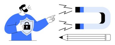 Koruyucu kıyafetli bir adam mıknatıs yayan dalgaları ve yaratıcılığı simgeleyen bir kalemi işaret ediyor. Güvenlik, yenilik, pazarlama stratejileri, dikkat, odaklanma, güvenlik, basit daire