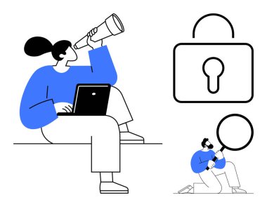 Teleskop kullanan bir kadın dizüstü bilgisayar tutuyor, yanında da kilit ve büyüteç var. Güvenlik, gizlilik, araştırma, keşif, veri, analiz ve keşif için ideal. Basit düz