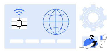Mikroçip, kablosuz sinyal, dünya, teçhizat ve tablet ışıklı kullanıcı teknolojik entegrasyon, yenilik ve kullanım kolaylığı. Ödemeler için ideal sistem fintech bağlantı hizmetleri kullanıcısı