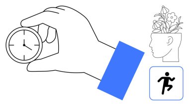 El sıkışan saat, çiçek açan bir kafa, çalışan bir figür. Zaman yönetimi, kişisel büyüme, sağlık, akıl sağlığı, motivasyon verimliliği ve farkındalık için idealdir. Basit düz metafor