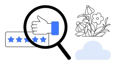 Büyüteç, başparmak ve çiçek açan bir bulut ile çevrili beş yıldıza odaklanıyor. Değerlendirme, başarı, kalite, geri bildirim, doğa, pozitiflik tanıma için ideal. Düz basit