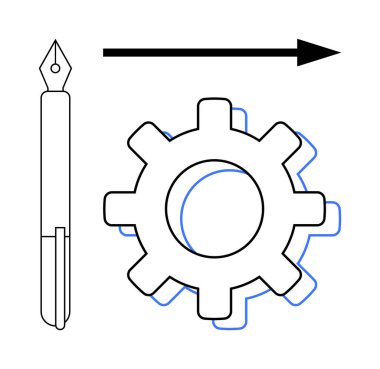 Dolma kalem, dişli ve ok yaratıcılığı, teknik süreçleri ve ileri hareketi vurgular. İş akışı, yenilik, verimlilik tasarım stratejisi takım çalışması için idealdir. Basit düz