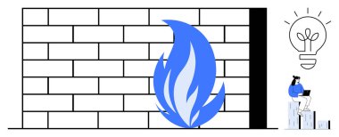 Merkezi mavi alevli tuğla duvar dijital güvenlik duvarını, dizüstü bilgisayarı olan kadını ve ampul ikonu fikrini simgeliyor. Siber güvenlik, yenilik, teknoloji, veri koruması, yaratıcı düşünce için ideal