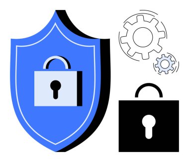 Güvenlik için asma kilidi olan mavi kalkan, sistem işlemlerini ve işlevlerini temsil eden dişliler. Kavramlar için ideal siber güvenlik, veri güvenliği, mahremiyet, koruma, teknoloji sistemleri