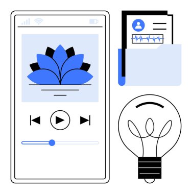 Nilüfer çiçeği sergilenen akıllı telefon uygulaması klasörde tıbbi belgeler ve bir ampul. Sağlık, farkındalık, yenilik, meditasyon, sağlık kayıtları, uygulama tasarımı için ideal düz metafor