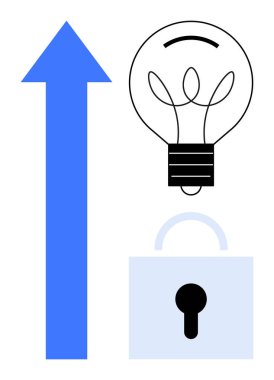 Mavi yukarı doğru ok, siyah ampul ve açık gri kilit gelişimi, yaratıcılığı, güvenliği ve yeniliği simgeliyor. İş, teknoloji, strateji girişimcilik büyüme koruması için ideal