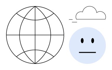 Küre ızgarası, küçük bulut ve modern minimalist tarzda tarafsız yüz ifadeleri. Temalar için idealler iletişimi, tarafsızlığı, duyguları, küreselleşmeyi, internet basitliğini ve farkındalığı işaret eder. A