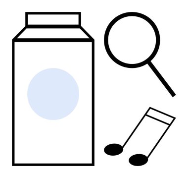 Süt kutusu, büyüteç ve keşif, keşif, yaratıcılık ve yenilik öneren nota. Yemek, müzik, araştırma eğitimi, merak, ilham, basit düz metafor.