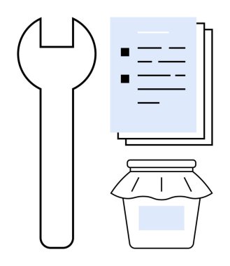 Anahtar, belge yığını ve etiketli kavanoz işaretli altlık araçlar, organizasyon ve muhafaza. Bakım, planlama, üretkenlik artışı için ideal. Basit düz metafor