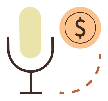Mikrofon ve turuncu dolar ikonu kesik yola bağlandı. Podcast, ses işi, ses pazarlaması, gelir, yaratıcılık, iletişim, serbest çalışma için ideal. Basit düz metafor