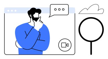 Bir video görüşmesi sırasında tarayıcı penceresinin içinde düşünceli bir adam, üzerinde noktalar olan konuşma balonu, yakınlarda büyüteç, veri veya fikirleri sembolize eden bulut. İletişim ve teknoloji için ideal