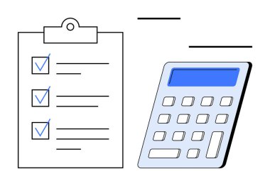 Hesap makinesinin yanında mavi işaretli kontrol listesi olan pano. Planlama, bütçe, finans, verimlilik, muhasebe, iş stratejisi, iş akışı için ideal. Basit düz metafor