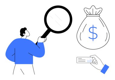 Elinde büyüteç, para çantası ve kimlik kartı olan biri. Basit bir şekilde finans, soruşturma, kimlik doğrulama, tasarruf, yatırım, dolandırıcılık önleme ve çalışma izni kavramları için ideal