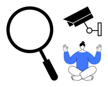 Büyüteç, güvenlik kamerası ve meditasyon yapan kişi odaklanma, gözlem, güvenlik ve farkındalığı birleştirir. Kişisel farkındalık, araştırma ve denetim için ideal zihinsel sağlık odaklanması