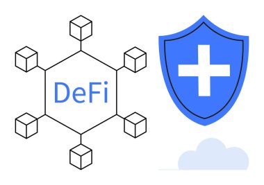 Birbirine bağlı küplerle ve çapraz sembollü kalkanlarla temsil edilen DeFi ağı. Basit bir dairede güvenlik, engelleme zinciri, fintech, yenilik, bağlantı, güvenlik ve ademi merkeziyeti vurguluyor