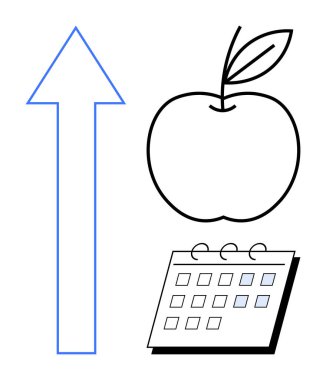 Yukarı ok, elma ve takvim büyümeyi, sağlığı ve planlamayı simgeler. Sağlık, beslenme, verimlilik, zaman yönetimi için ideal olan şey kendini geliştirme alışkanlıklarıdır. Basit düz