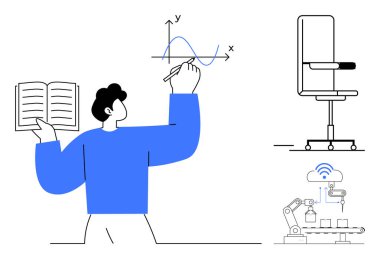 Kitap yazma grafiği tutan kişi, ofis sandalyesi, robot kolu ve tek bağlantıları var. Eğitim, iş, yenilik, yapay zeka teknolojisi, iş analizi otomasyon bilgi paylaşımı için idealdir. Basit düz