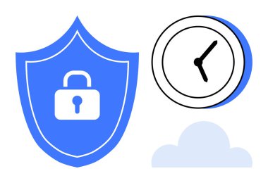 Mavi kalkan, asma kilit güvenliği simgeliyor. Saat, zaman yönetimini ve bulut simgesini temsil ediyor. Mahremiyet, siber güvenlik, verimlilik, bulut hesaplama, teknoloji güveni için ideal. Basit.