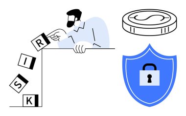 Risk bloklarının düşmesini önleyen kişi kilit ikonlu mavi kalkan ve madeni para. Risk yönetimi, finans, güvenlik, güvenlik, koruma kararları istikrar kavramları için ideal. Minimalist