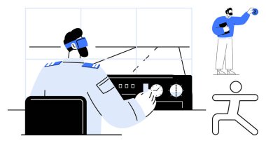 Pilot VR kulaklıklı kontrol paneli kullanıyor, kokpitte duvar monitörleri var. Modern uçuş simülasyonu ve eğitimi. Havacılık, teknoloji, yenilik, eğitim, takım çalışması, güvenlik hassasiyeti için ideal