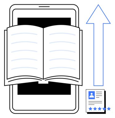 İlerlemeyi sembolize eden yukarı doğru ok ile bir tablette gösterilen açık kitap, bir kullanıcı profili ve derecelendirmesinin yanında. Eğitim, e-öğrenme platformları, büyüme, teknoloji, mobil öğrenme, dijital
