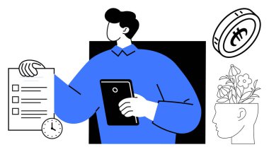 Elinde saat, bozuk para sembolü ve kafa şeklindeki bir çömleğe yerleştirilmiş kontrol listesi ve tablet tutan kişi. Üretkenlik, finansal planlama, yaratıcılık, zaman yönetimi, farkındalık için ideal