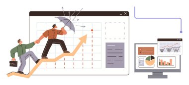 Bir ok grafiğine tırmanan iki profesyonel, şemsiyeli bir kalkan, ekran görüntülerinin yanında. Ticari büyüme, takım çalışması, mali başarı, strateji ve dayanıklılık için ideal