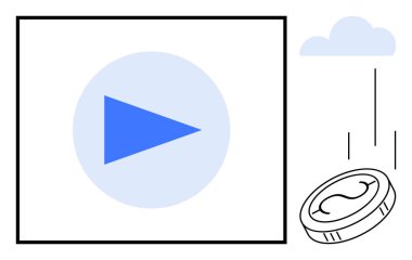 Dikdörtgen şeklinde mavi çalma tuşu, bozuk paranın stilize bulutun yanına düşmesi. Medya, para, yayın, içerik oluşturma, çevrimiçi ödeme, bulut depolama teknolojisi için ideal. Basit düz metafor