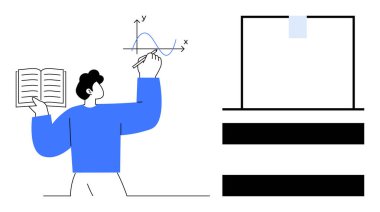 Elinde açık bir defter tutan adam beyaz tahtaya balta ve kıvrımlı bir grafik yazıyor. Eğitim, öğrenim, araştırma, matematik, öğretim, bilim iletişimi için ideal, basit düz metafor