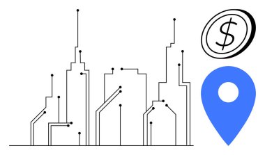 Teknoloji devreleri, mavi coğrafi konum rozeti ve dolar parası olan şehir manzarası. Akıllı şehir, yenilik, bağlantı, veri, ekonomi kentsel planlama ve dijital dönüşüm için idealdir. Basit düz