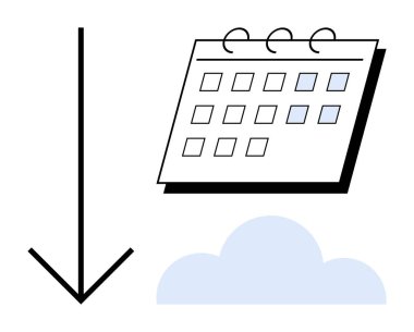 Veri indirme, zamanlama, bulut depolama, zaman yönetimi, üretkenlik ve dijital erişilebilirliği gösteren aşağı ok, takvim ve bulut simgesi. Çalışma akışı anımsatıcılarını planlamak için ideal