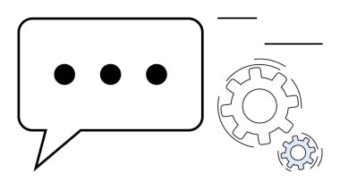 Üç noktalı konuşma balonu ve dönen dişliler iletişim, işbirliği ve süreçleri gösteriyor. Dijital iletişim, takım çalışması, otomasyon, iş akışı, verimlilik için ideal
