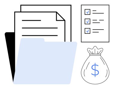 Belgeli klasör, işaretli kontrol listesi ve bütçe, organizasyon ve finansmanı sembolize eden para çantası. Proje planlama, iş, belge işleme ve mali muhasebe için ideal
