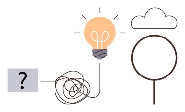 Bir soru işaretini parlayan bir ampul ve buluta bağlayan karmaşık bir hat. Yenilik için ideal, problem çözme, yaratıcılık, beyin fırtınası, karar verme, berraklık, kendini keşfetme. Basit bir daire.