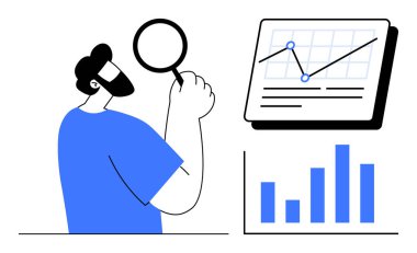 Elinde büyüteç tutan kişi çizelge ve çubuk grafiğinde gösterilen veri eğilimlerini inceliyor. Analiz, araştırma, veri çalışması, istatistik, iş analizi, pazar keşifleri için ideal