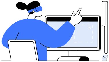 VR kulaklık takan biri çalışma alanında bilgisayar ekranı ile etkileşime geçiyor. Teknoloji, yenilik, sanal gerçeklik, uzaktan çalışma, eğitim, tasarım ve gelecek teknoloji kavramları için idealdir. Basit düz