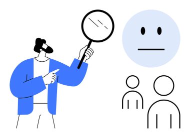 Elinde büyüteç tutan kişi soyut insan figürlerinin yanında nötr ifadeyi inceliyor. Duygular için ideal, analiz, psikoloji, gözlem, empati, iletişim, düz metafor