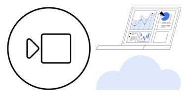 Bir bulut simgesinin üzerinde grafikleri, grafikleri ve veri analizlerini gösteren bir dizüstü bilgisayarın yanında video simgesi oynat. Uzak çalışma, sanal işbirliği, veri görselleştirme, bulut hesaplama, dijital