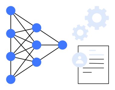 Birbirine bağlı düğümlere sahip sinirsel ağ, otomasyonu sembolize eden dişliler ve profil simgesine sahip bir belge. Yapay zeka, makine öğrenimi, otomasyon, analitik, yenilik, teknoloji verileri için ideal