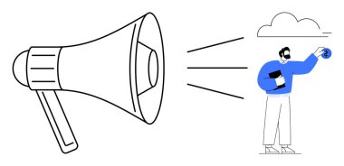 Bulutun altında elinde bir defter ve küre tutan birine doğru dev bir megafon yansıtma sesi. İletişim, liderlik, duyuru, terfi, sosyal yardım, nüfuz ve takım çalışması için ideal. Basit.