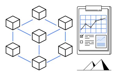Birbirine bağlı blockchain 'i gösteren küpler ağı, grafikli veri trendleri ve piramitler. Engelleme zinciri, veri analizi, teknoloji, yenilik, ademi merkeziyet, finans için ideal