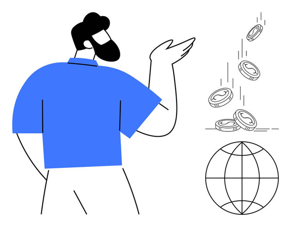 Man gesturing at coins falling near a globe, symbolizing financial growth, global trade, currency, investments, wealth distribution, economic opportunities, and business potential. Ideal for simple