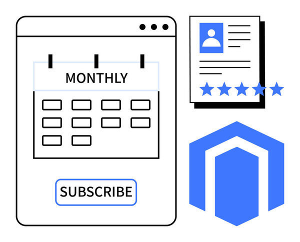 Monthly calendar with subscribe button, user profile document featuring ratings, and hexagonal abstract icon. Ideal for subscription services, customer satisfaction, SaaS, e-commerce, brand loyalty