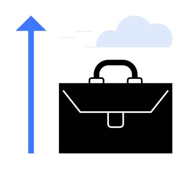Yukarıya doğru yükselen mavi okun altındaki siyah evrak çantası kariyer gelişimini, hırsını, başarısını ve fırsatını simgeliyor. İş için ideal, başlangıç, finans hedefleri, strateji ilerlemesi basit düz